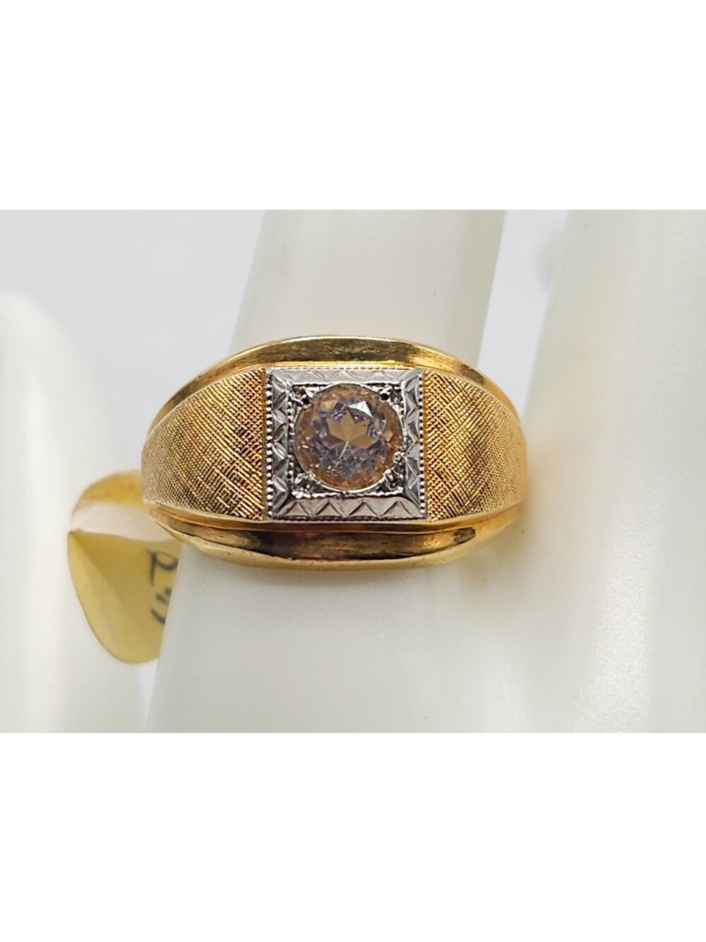 18K HGE Gold-Plated Ring With Clear Stone Textured Band Size 11.5 Vintage Mens